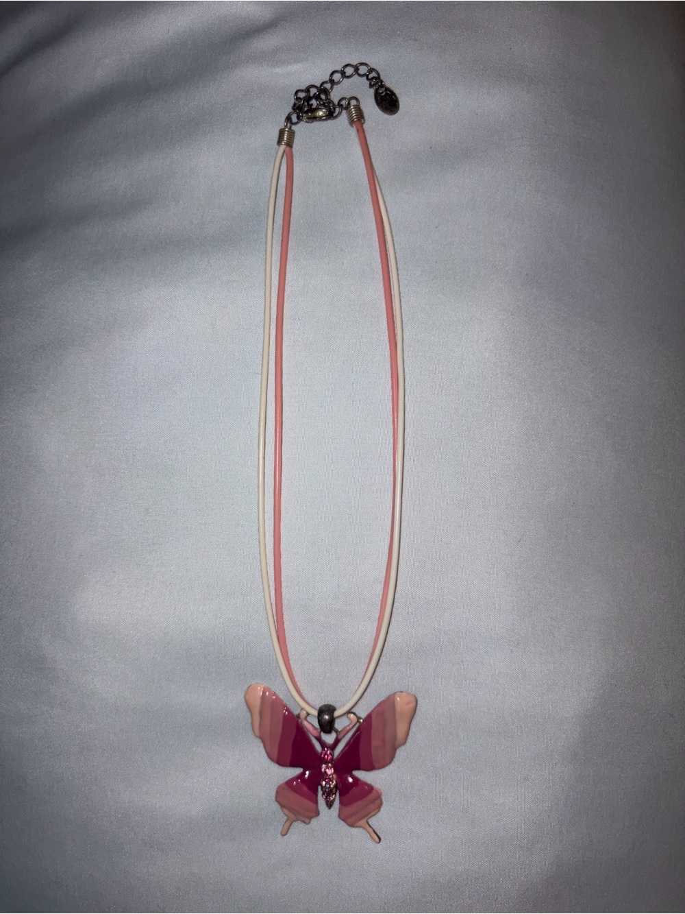 Double Cord Necklace Pink Enamel Butterfly Pendant Rhinestone Y2K Boho
